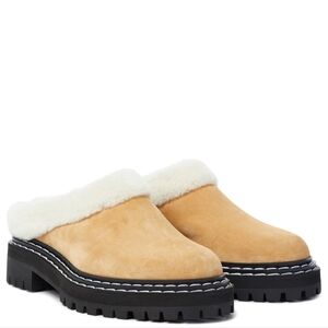 Proenza Schouler Shearling Lined Tan Suede Lug Sole Mules size 40.5